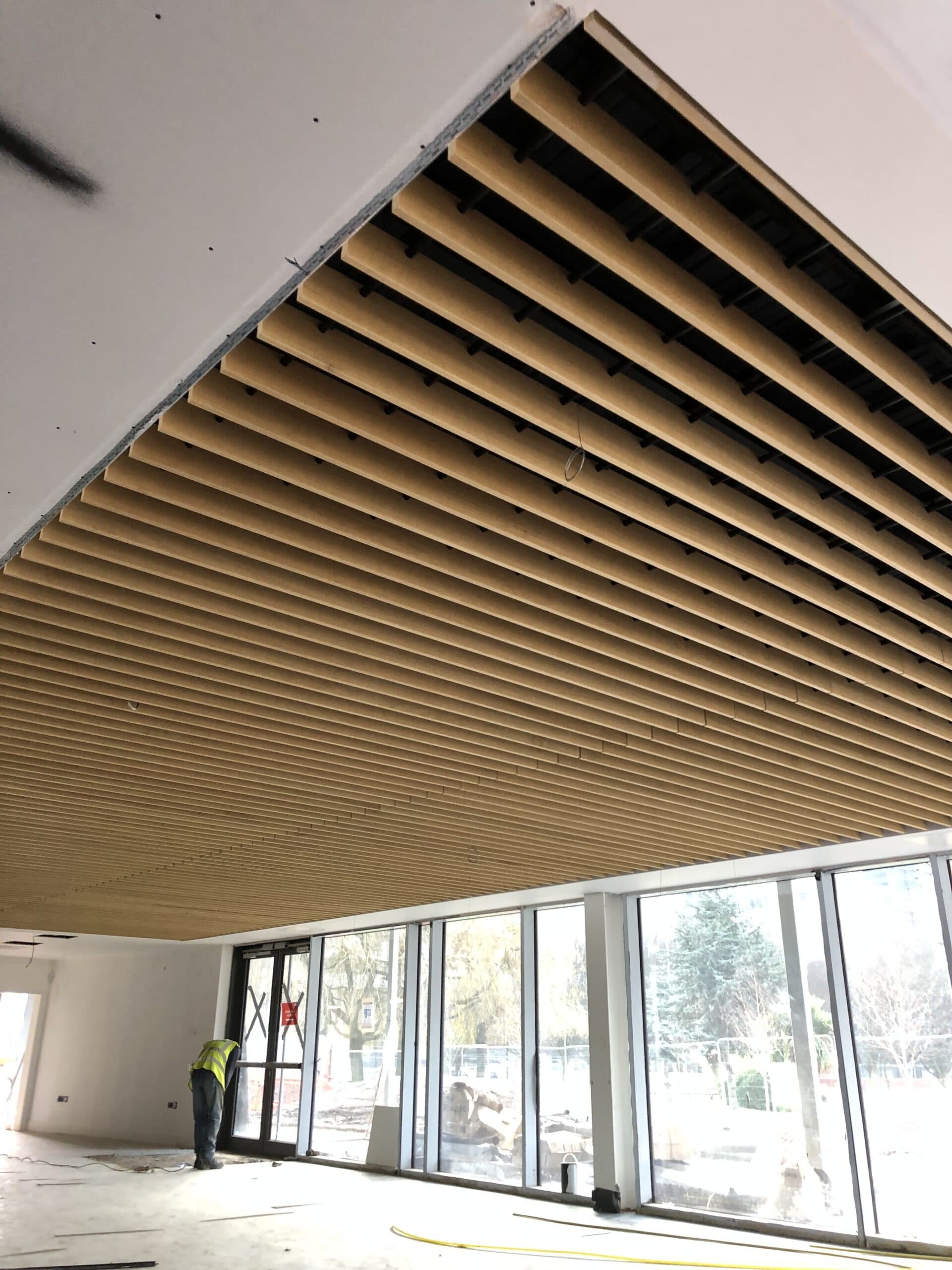 Detail of Ecophon Solo raft suspension with graded steel wires, Aston University Students' Union