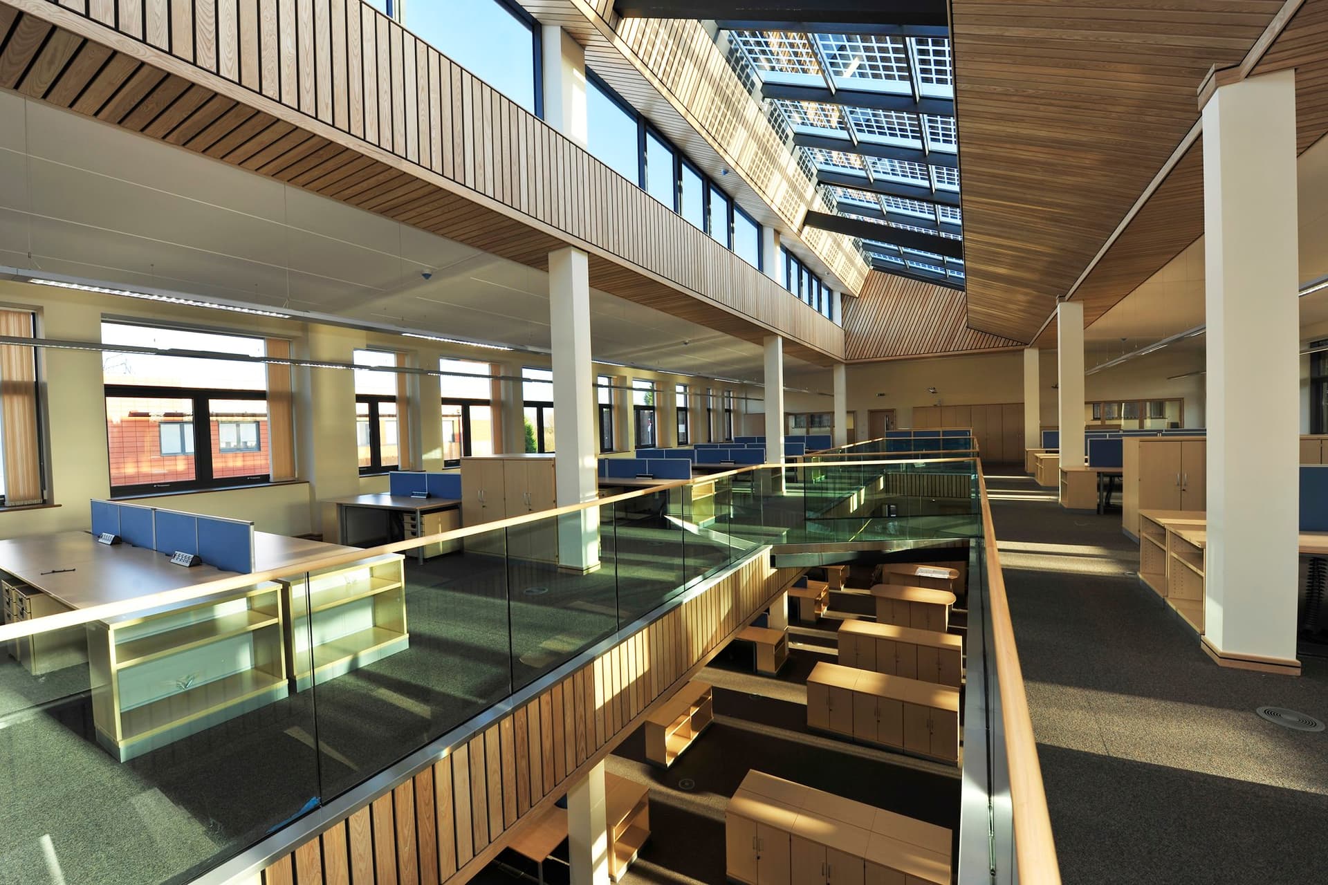 Suspended timber ceiling installation in the James Hutton Building, British Geological Survey, Keyworth