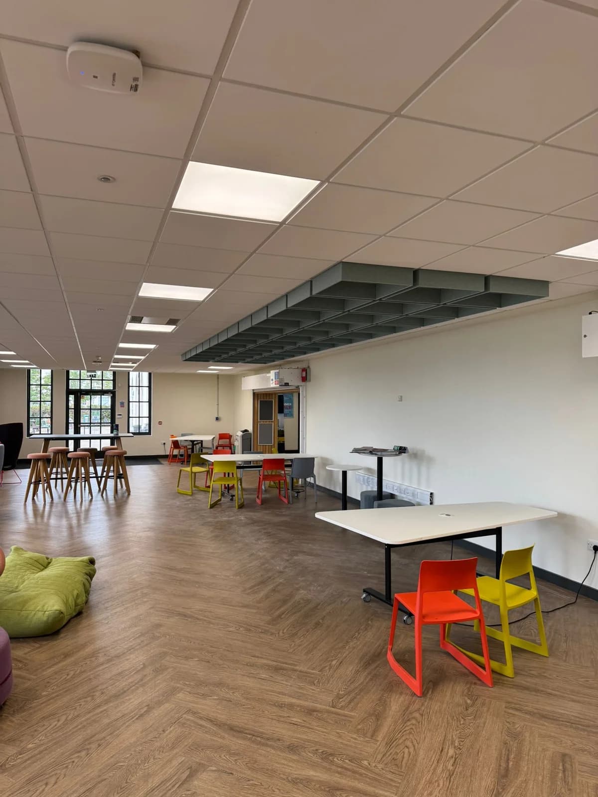 After installation of a white suspended ceiling and hanging acoustic baffles at Jubilee Campus