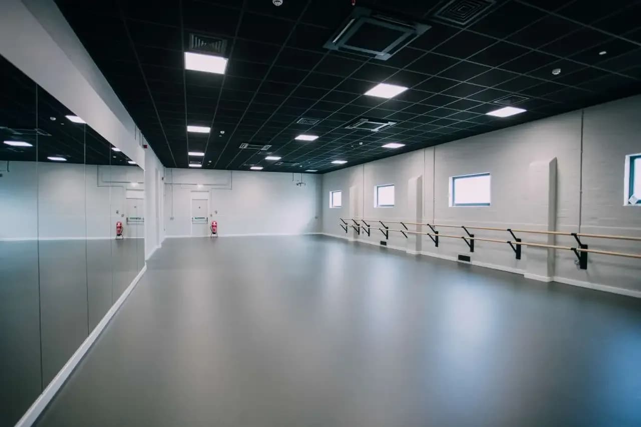 Leisure centre interior showing fabric acoustic wall panels and ceiling treatment by Eastledge