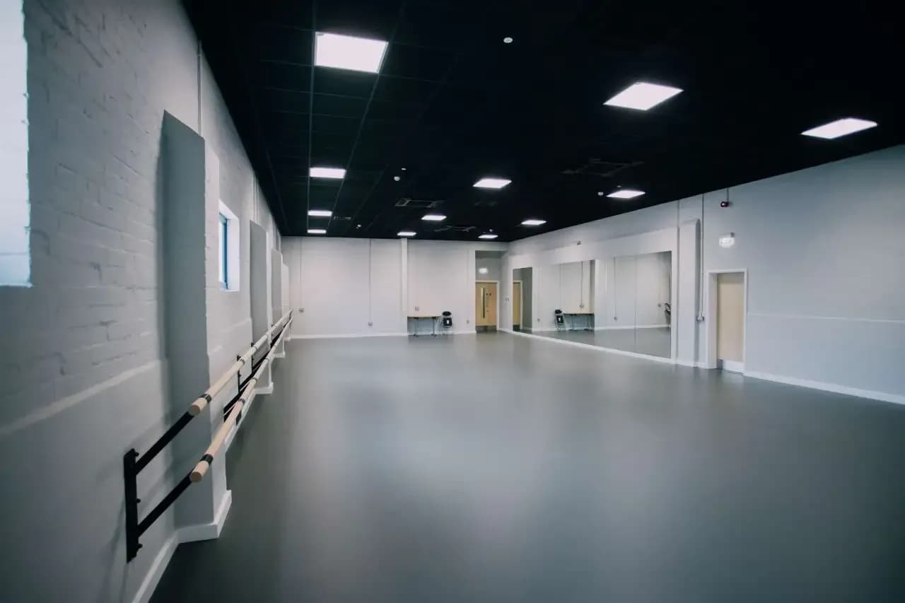 Sports hall acoustic panelling at Ravenshead Leisure Centre showing panel coverage and colour scheme
