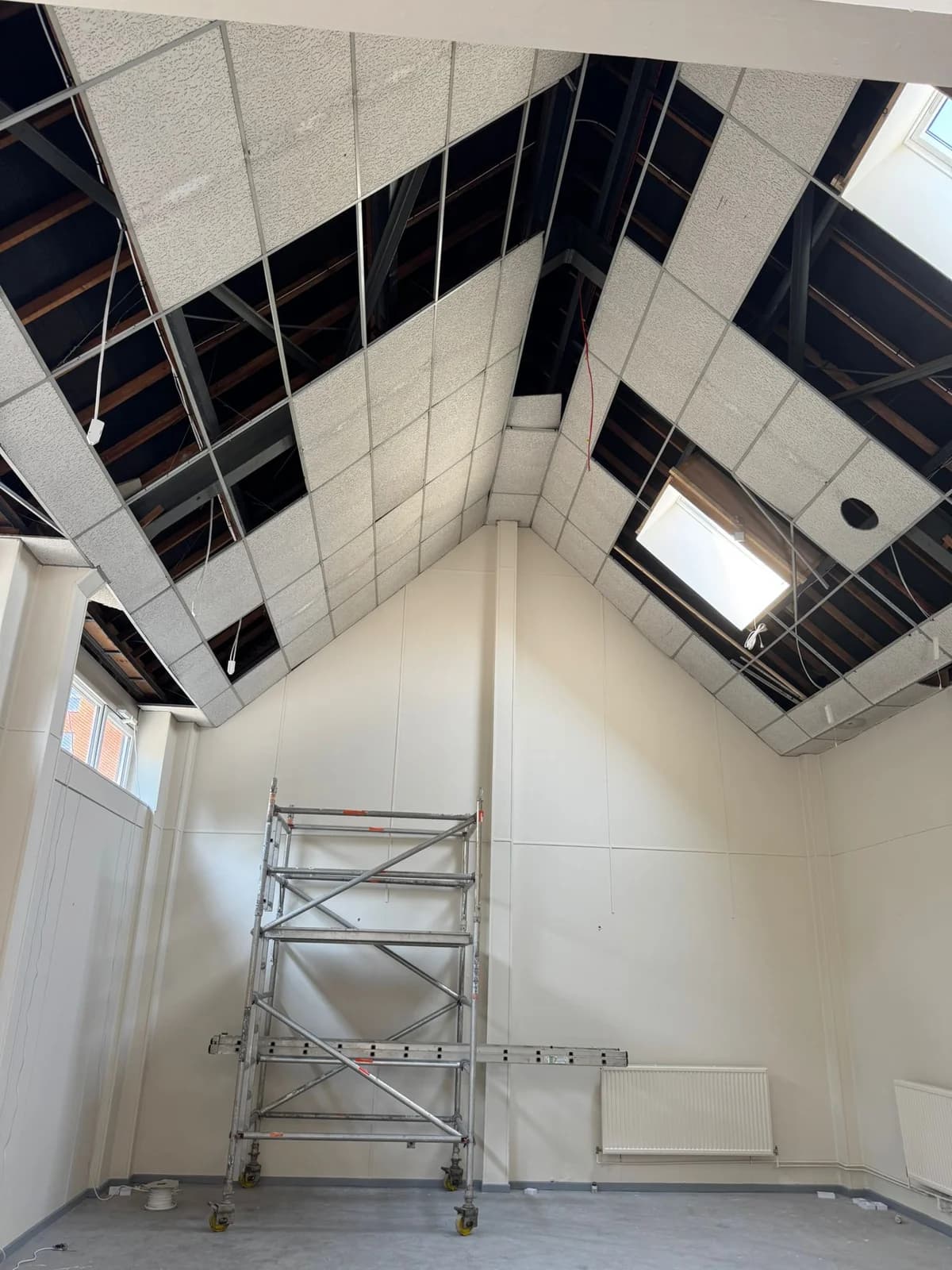 Before completion of the angled suspended ceiling at Seventh-day Adventist Church, Nottingham