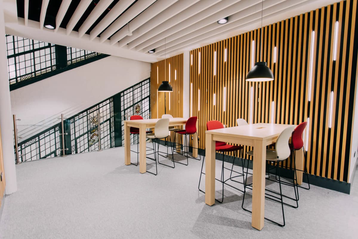 Acoustic panel and suspended ceiling installation in Barnsley College atrium by Eastledge Interiors