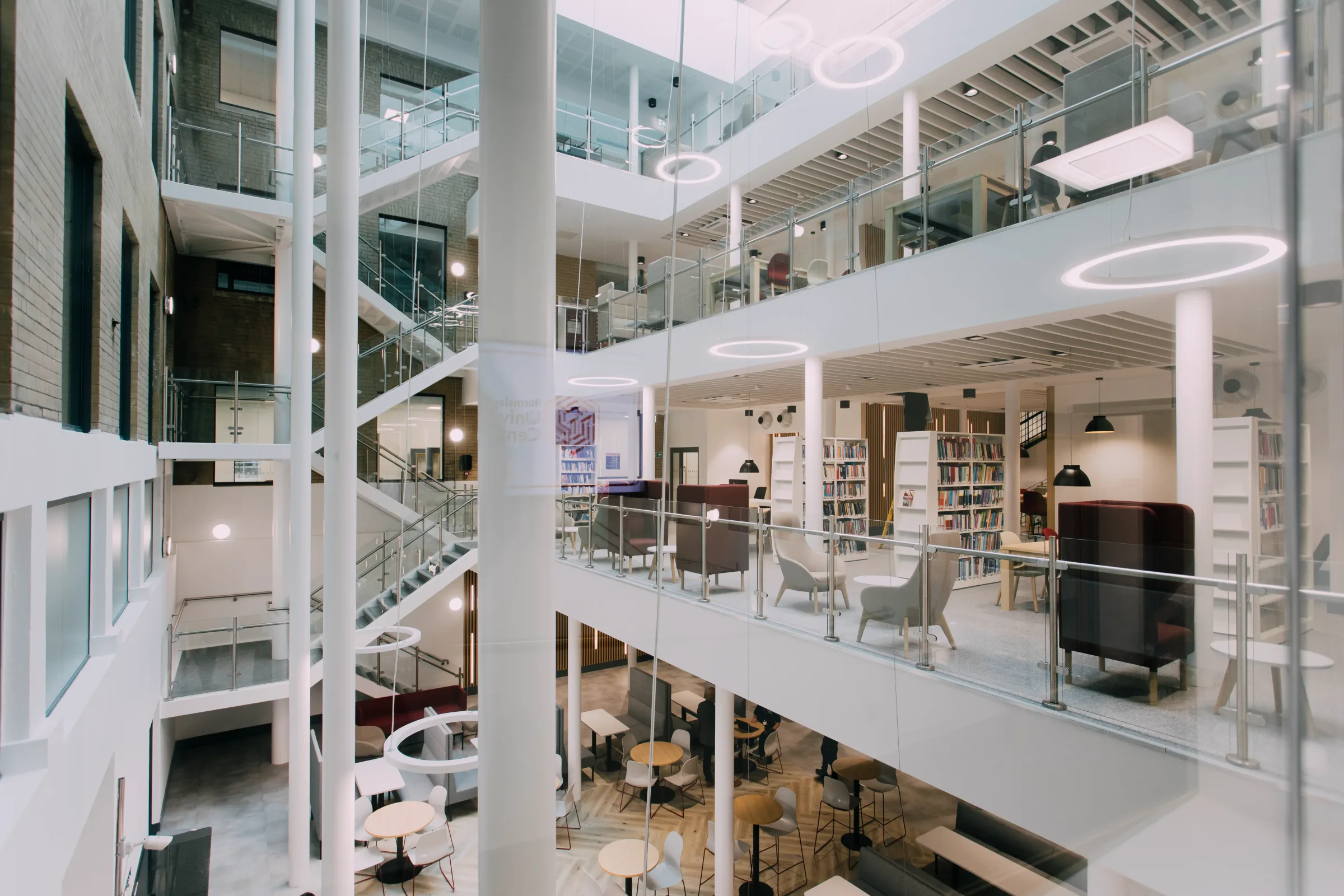 Acoustic hanging panels and suspended ceiling system installed at Barnsley College, a four-storey commercial interior fit-out by Eastledge Interiors