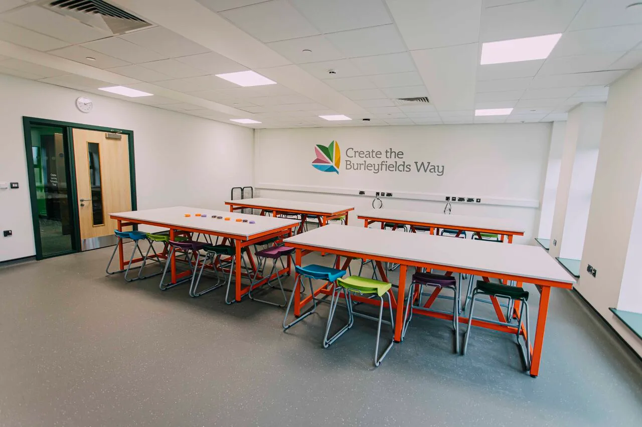 Mineral fibre suspended ceiling installation in progress in a Burleyfield School classroom